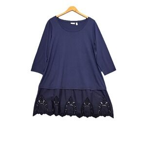LOGO Lori Goldstein Tunic Top Lace Crochet Hem 3/4 Sleeve Jersey Boho Navy Sz 1X